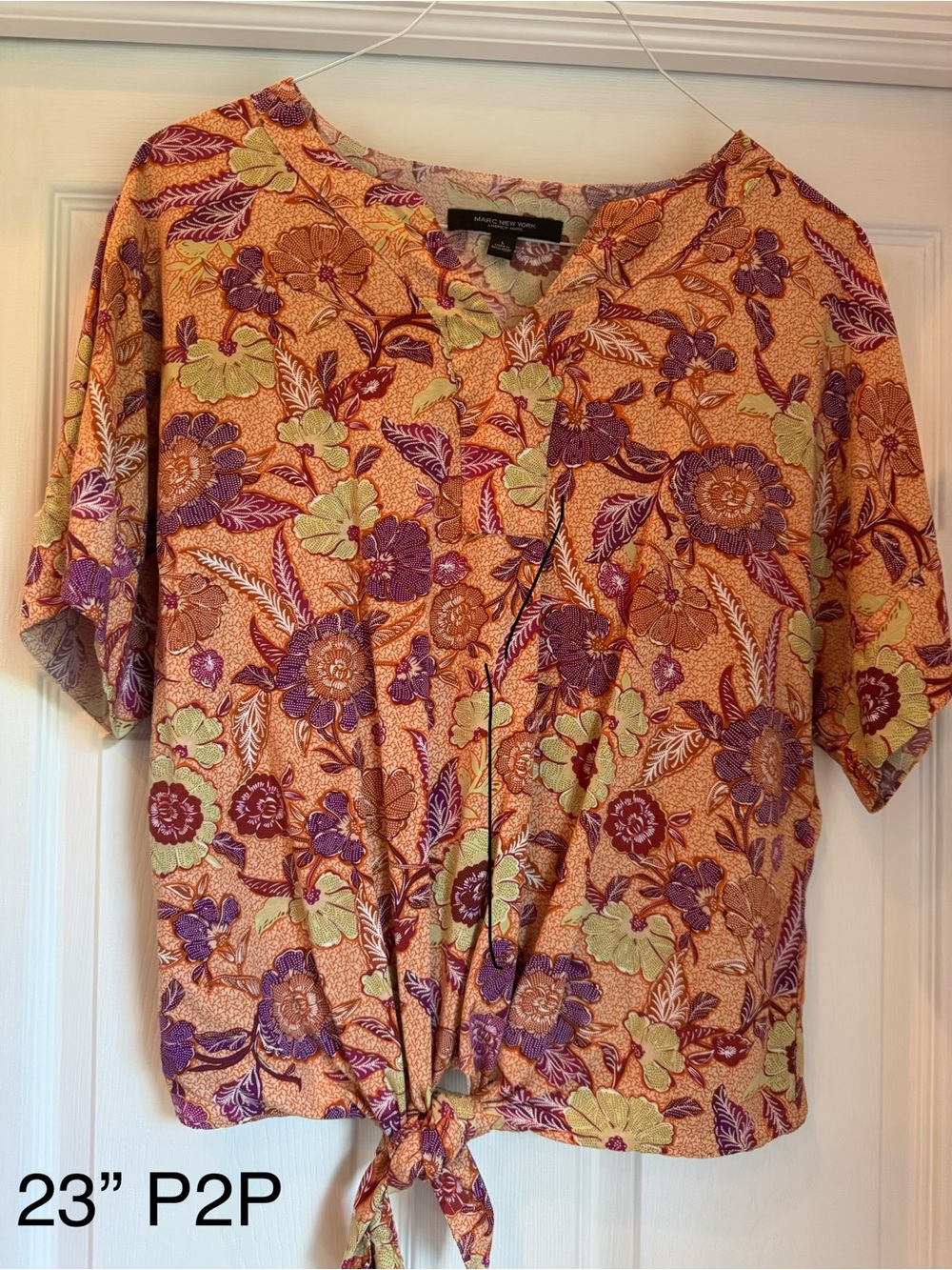 Marc New York Orange Floral Tie-Front Blouse Large